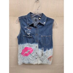 Gap Denim Vest Womens Medium Custom DIY Punk Distressed Studded Ombre Pink Lips
